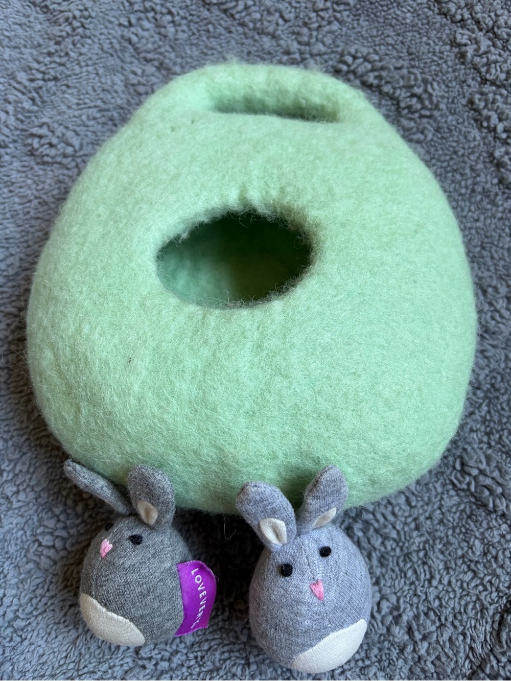 Bunny wool Cave Hideout in Light Green with Two Gray Bunny Toys